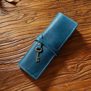 DSIUY Pens Bag Genuine Leather Pencil Case Genuine Leather Tie Rope Nature Cowhide Pen Protection Bag Multifunctional Creative Foldable Leathe Pencil Bag Stationery