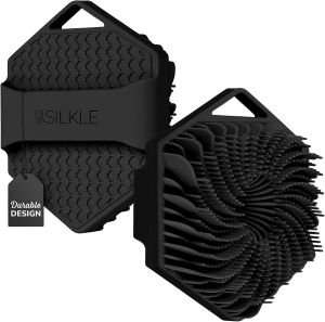 Bông tắm tẩy tế bào chết bằng silicone SILKLE bông tắm và miếng chà lưng bằng silicone. Bàn chải tẩy tế bào chết toàn thân có lớp chống trượt – Bàn chải tắm và bàn chải dùng trong phòng tắm thiết kế liền khối giúp dễ dàng rửa sạch – Màu đen.