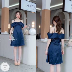 ES309  เดรสสายเดี่ยว ปาดไหล่ อกแต่งโบว์ด้านหน้า ใส่ออกงาน ร่วมงานแต่ง เพื่อนเจ้าสาว ใส่ดินเนอร์ ใส่ออกงานกินขาดแน่นอนค่ะ พร้อมส่ง