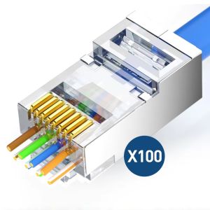 ZOERAX CAT6A RJ45 Pass Through Connector STP Shielded Ethernet Modular Plug 30U Gold Plated 1.2mm LAN Cable Connector 100PCS
