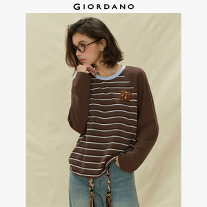 Giordano Women Felt biscuit brooch long sleeve stripe t-shirt Free Shipping 18325627