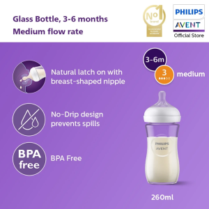 Philips Avent Natural Response Glass Baby Bottle Medium Flow (8oz/240ml) SCY933/01