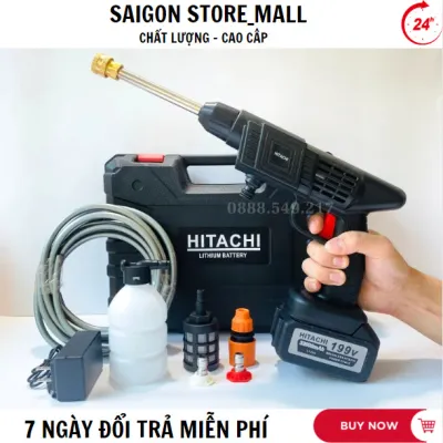 Máy rửa xe Hitachi 199V - Máy Rửa Xe Máy rửa xe mini gia đình máy rửa xe chạy pin 45000MAH. Bảo Hành 1 Năm