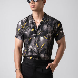 VENGOZ Kemeja Pria Hawai Printing - Black Magnolia Casual Shirt