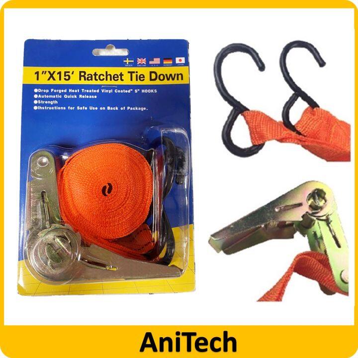 Ratchet Strap w/ S-Hook Vinyl Coated - 1x15' Ratchet Tie Down Strap