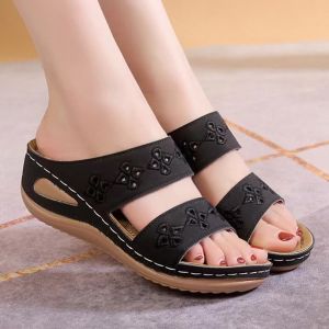 [Free Shipping] New Spring And Summer Collection: WomenS Wedge-Heeled Sandals Embroidered Solid-Color Beach Sandals Casual Stitched Sandals