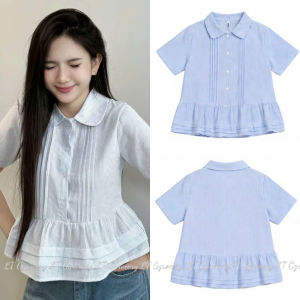 Áo sơ mi dáng babydoll mặc hè kiểu nữ tay ngắn thiết kế cổ sen xếp ly tầng dễ thương