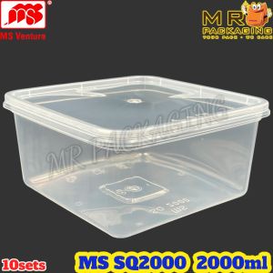MS SQ2000 2000ml Square Container with Lid MS VENTURE Plastic Disposable Food Box - MS SQ 2000 ml - Bekas Petak Plastik [10sets]