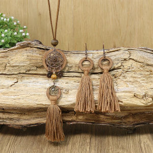 shiqinbaihuo Bohemian cổ điển phong cách rìa Mặt dây chuyền vòng tròn gỗ thiết kế dài vòng cổ bông tai đồ trang sức