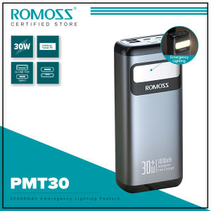 Romoss PMT30 30000mAh Power Bank 30W Fast Charging Lithium-Ion Polymer Battery 2 Input & 3 Output Portable LED Display Powerbank with Emergency Lighting Feature