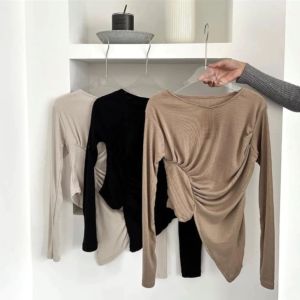BLOUSE Crop Top Kerut samping lengan panjang cewek Rib knit