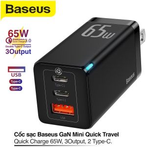 Củ Sạc Nhanh 65w Baseus mini Quick Chager 3 cổng sạc nhanh cho điện thoại và laptop ( Chân Dẹp Gập Tiện Lợi )
