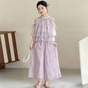 Summer Big Girls Clothing Sets Embroidery Butterfly Chiffon Off-Shoulder Top+Wide Leg Pants 2Pcs Kids Thin Sweet Purple Outfits H260702