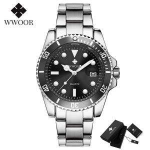 WWOOR นาฬิกาข้อมือผู้ชายนาฬิกาสีทอง2022นาฬิกาควอทซ์แอนะล็อกหรูหรากันน้ำได้30เมตรนาฬิกาดำน้ำสีทองสีดำโลหะกันน้ำไม่ขึ้นสนิมนาฬิกาเปลี่