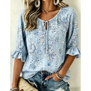 Floral Women T-Shirt V Neck Shirt For Women Bell Sleeve Top Three Quarter Sleeve Clothing