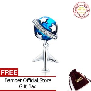 BAMOER Free Shpping October Real 925 Sterling Silver Sparkling Star And Plane Dream Clear CZ Blue Enamel Charms fit Bracelets DIY Jewelry SCC887