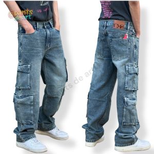 PANTSDEART กางเกงยีนส์คาร์โก้ทรงขากระบอก 8 กระเป๋า ฟอกสไตล์สตรีท | มีไซส์ 26-36