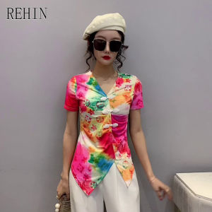 REHIN Womens top new summer fashion print short-sleeved T-shirt Retro Classics V-neck Asymmetrical design bottoming shirt