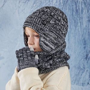 BUENOO Warm Childrens Hat Neck Scarf Gloves Set Winter Fleece Lined Neck Warmers Cute Ear Protection Touchscreen Gloves for Boys and Girls