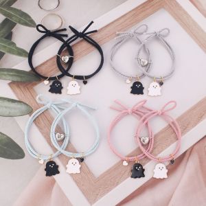 BAGUO dây chuyền hình ma đen trắng Vòng tay đôi Halloween Trái tim tình yêu Hoạt hình dễ thương Vòng tay dây da Phụ kiện trang sức Hài Hước Vòng tay kết hợp nam châm Cô Gái