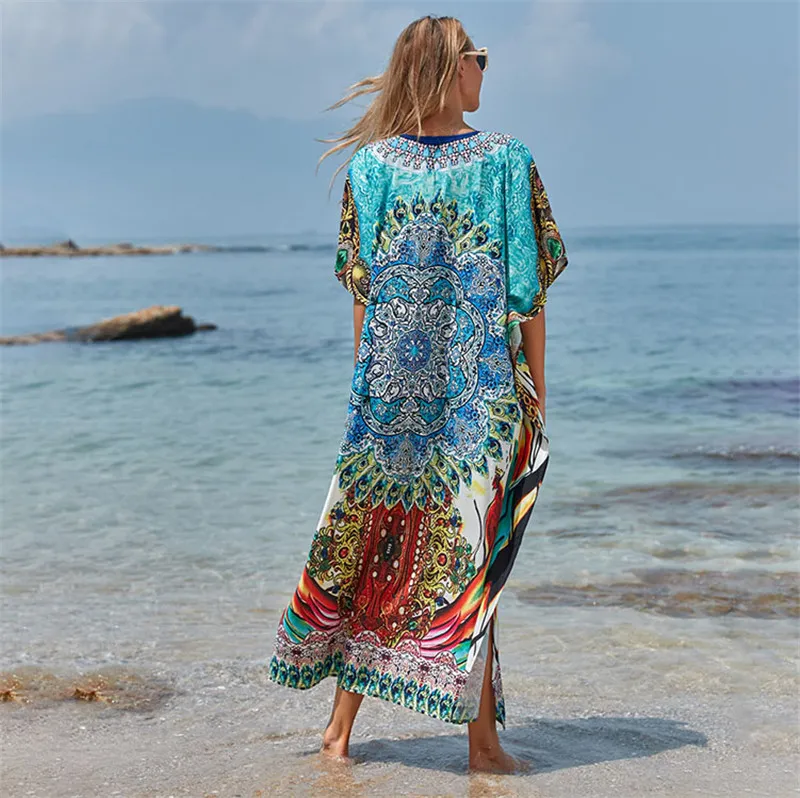 2023 Summer Women Beach Cover Ups Printing Boho Plus Size Kaftan