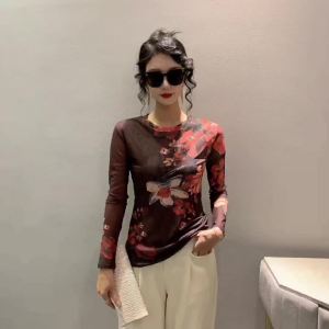 AMMIN เสื้อยืดแขนยาวพิมพ์ลายกราฟฟิตีแขนพองตาข่ายเพิ่มขนาดพิมพ์ลายดอกไม้เสื้อยืดคอกลมแฟชั่นเรียบง่ายสำหรับฤดูใบไม้ผลิ/ฤดูร้อน2024เสื้อสำหรับผู้หญิง