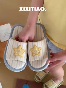 WY-XIXITIAO Star Homes new cotton-linen slippers one-strap bedroom creative vertical stripe womens spring-summer comfortable and unique floor shoes