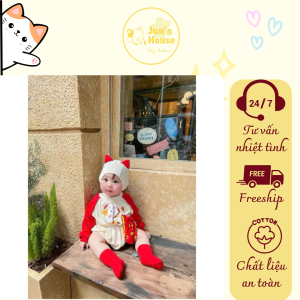 Set đồ bé gái bé trai bodysuit cho bé in hình mèo thần tài chất cotton mềm mịn cho bé 4-10kg