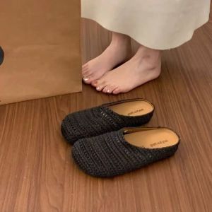 [Free Shipping] Fashionable Hollow-Out Breathable Woven Thick-Soled Slippers For Women 2026 Summer New Collection Height-Increasing Mules
