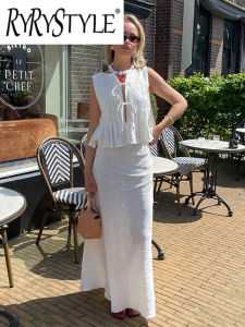 Summer Lace Up Long Skirt Sets Women O-neck Sleeveless Vest Tops High Waist A-line Skirts Outfits 2024 New Lady 2 Pieces Sets