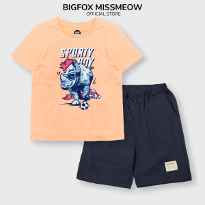 Bộ cộc tay bé trai Hàn Quốc size đại Bigfox Miss Meow mặc hè vải cotton thoáng mát in Tê giác cỡ 3-11 tuổi 30kg 35kg