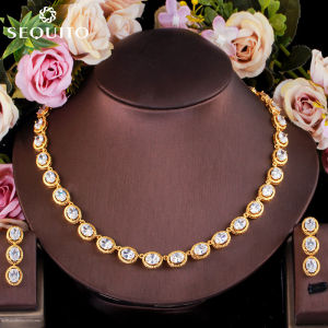 SEQUITO High Quality Gold Plated Luxury Jewelry Set Pave Cubic Zircon Stone Oval Necklace Bracelet Earrings for Ladies SJ140