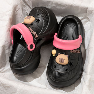 [Free Shipping] Thick-Soled High-Heeled Sandals For Women Perforated Shoes For Outdoor Wear Slip-On Beach Sandals Home Slippers WomenS Closed-Toe Slippers