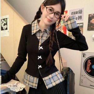 Kemeja Wanita Lengan Panjang T-shirt Slim Top Splicing Warna Pita Desain Tombol