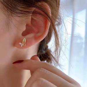 3-Dimensional Double Layer Butterfly Stud Earrings Full Body S925 Sterling Silver Plated 14K Gold Hollow & Diamond-encrusted Female