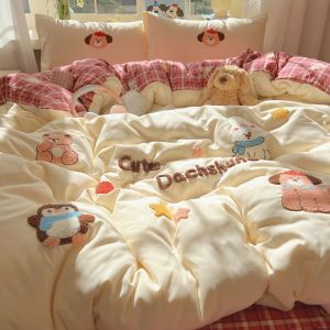 Super Soft Cute Cartoon Towel Embroidered Four-Piece Set Solid Color Washed Cotton Simple Student Duvet Cover Bed Sheet Three-Piece Set LZD