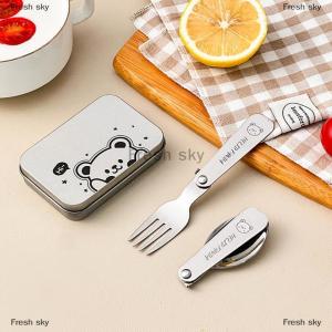 [COD] Fresh sky 3Pcs set 304 Stainless Steel Folding Fork Spoon With Cutlery Box Portable Foldable Dinnerware Set Cute Picnic Tableware