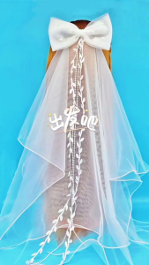 Pearl&Bowknot Decor Long Tulle Wedding Bridal Veil with Fix Hair Comb for Marriage Wedding Celebration Party Accessories