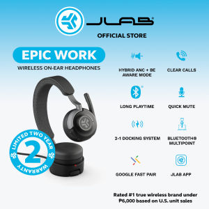 JLab Epic Work Wireless Headset with Microphone Smart Active Noise Cancellation Charging Hub 90+ Playtime Quick Mute Bluetooth Headphones Multipoint Connect PC Laptop Mobile
