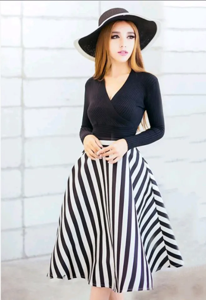 Eo Co Giãn Váy Dệt Kim Sọc Đen Trắng Nữ Thu Đông Mới Thời Trang Hàn Quốc  Phù Hợp Với Váy Midi | Shopee Việt Nam