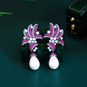 SEQUITO Fashion Ladies Jewelry Paved Setting Purple White Crystal Stone Black Gold Color Delicate Flower Shape Symmetric Long Drop Pearl Earrings Christmas Gift SE899