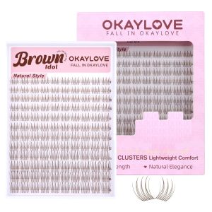 OKAYLOVE Brown Idol Lashes Clusters Kit Clear Band Eyelash Clusters Kit CC Curl 9-16mm Natural Cluster Eyelash Extensions DIY Wispy Individual Lashes with Bond and Seal Remover Tweezers