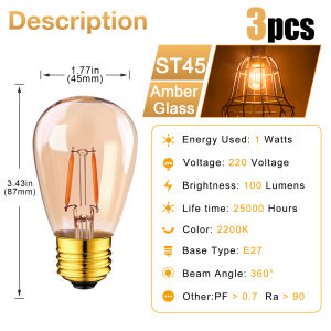 3pcs E27 LED Edison Bulb Retro 1W Glass LED Filament Bulb 10Watt Equivalent Warm White Dimmable Led lights for Garden Room Living Room