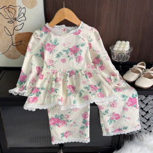 Bear Leader Fall Clothing Sets for Baby Girls Lace Flower Printing Long Sleeves Tops and Floral Pants 2 Pieces Suits 3 to 7 Years Kids Childrens Casual Autumn Clothes Spring Outfits