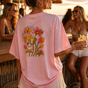 [Local Stock] HBESTY  Floral Crewneck Short Sleeve T-Shirt with Butterfly Bee Ladybug Snail Funny Outdoors High Quality Cotton Short-sleev Casual Tops