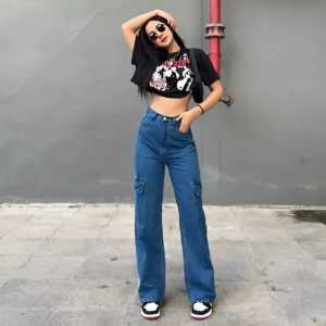 Celana wanita High waist cargo loose denim pants  korean style size 26-35 super jumbo