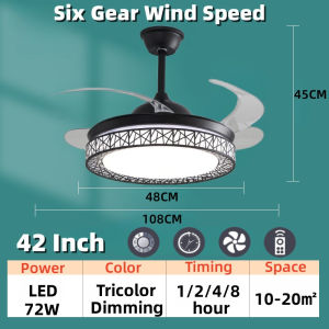 Ceiling Fan Light Retractable Invisible Ceiling LED Ceiling Modern Fan With Lights Tri Color Lights 6 Speed Remote Control Fan Chandelier For Living Room Dining Room Bedroom Kitchen Hanging Lights
