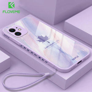 FLOVEME Luxury Maple Leaf Glass Phone Case For iPhone 14 13 12 11 Pro Max With Hand Lanyard Ultra-thin Square Soft Back Cover For iphone XS Max XR X 8 7 Plus