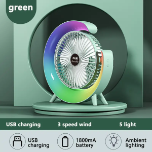 Elegant Oscillating Desk Fan with LED Light and USB Charging - Colorful Portable Air Circulator with Strong Wind