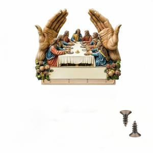 Wooden Multifunctional Home Key Holder Wooden Keys Holder with Jesus Communion Theme Religious Christian Home Decor Wall Mount Multifunctional Organizer with Hooks
